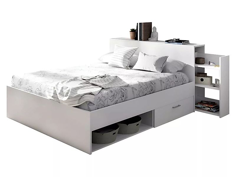 Bett mit Kopfteil & Stauraum & Schubladen - 140 x 190 cm - Weiß - FLORIAN günstig online kaufen