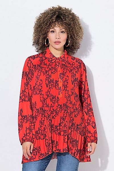 Ulla Popken Longbluse Plissee-Bluse Schriftmuster A-Linie Hemdkragen günstig online kaufen