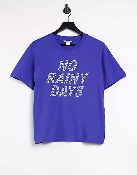 Monki – Blaues T-Shirt mit Schriftzug günstig online kaufen