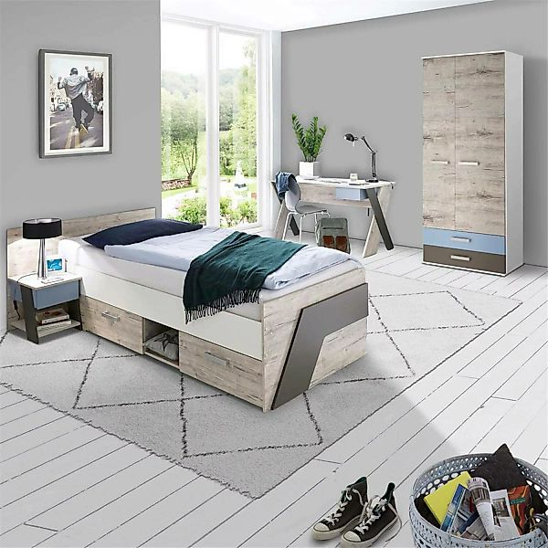 Lomadox Jugendzimmer Set mit Bett 90x200 cm 4-teilig mit Kleiderschrank LEE günstig online kaufen