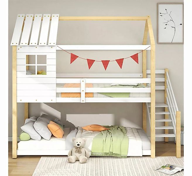 XDeer Etagenbett Kinderbett mit Ecktreppe, Hausbett Fallschutz und Gitter, günstig online kaufen