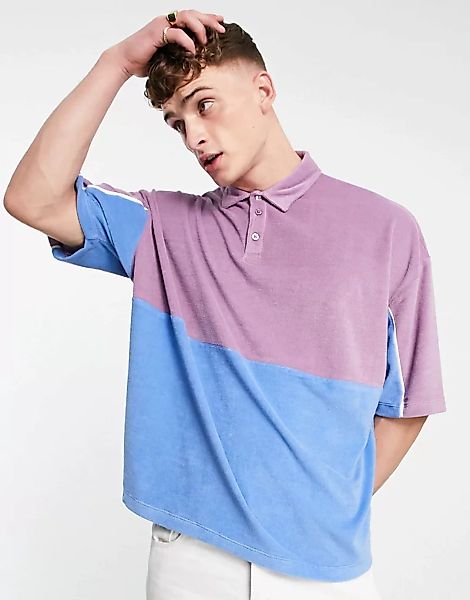 ASOS DESIGN – Oversize-Polohemd aus Frottee mit Farbblockdesign in Blau und günstig online kaufen
