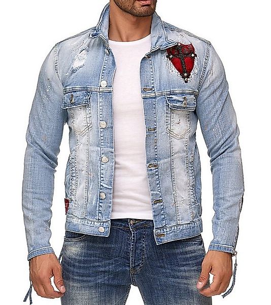 KINGZ Jeansjacke Herren Designer Retro Jeansjacke mit Wappen günstig online kaufen