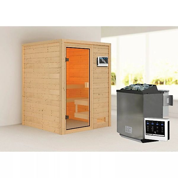 Woodfeeling Sauna Sandra inkl. 9 kW Bio-Ofen mit ext. Strg. Glastür günstig online kaufen