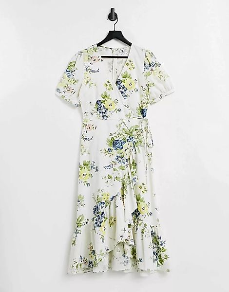 Warehouse – Bonnie – Wickelkleid aus Leinen mit buntem Rosenprint-Mehrfarbi günstig online kaufen