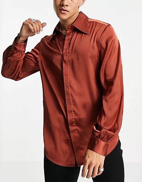 ASOS DESIGN – Regulär geschnittenes Satinhemd mit voluminösen Ärmeln und Kr günstig online kaufen