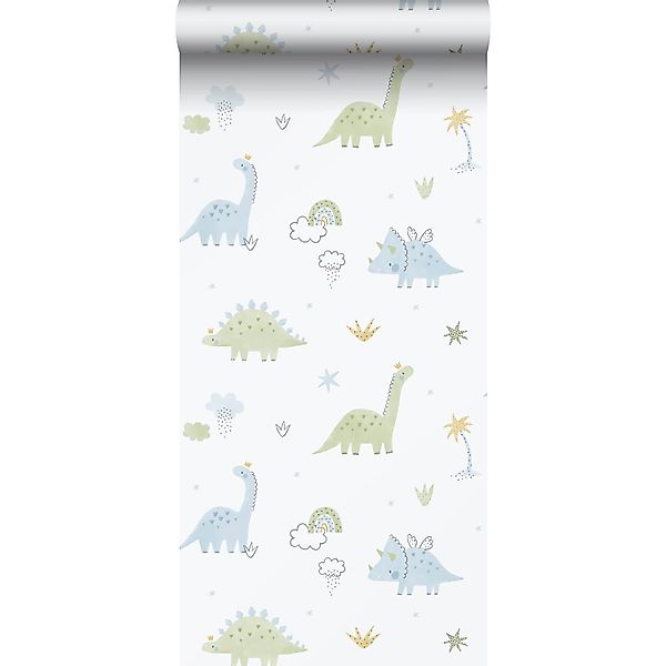 Sanders & Sanders Tapete Dinosaurier Hellblau Grün und Weiß 53 cm x 10.05 m günstig online kaufen