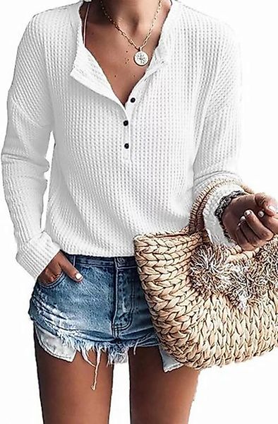 FIDDY Strickpullover Damen Waffelstrick Pullover Langarm Henley Shirt Lässi günstig online kaufen