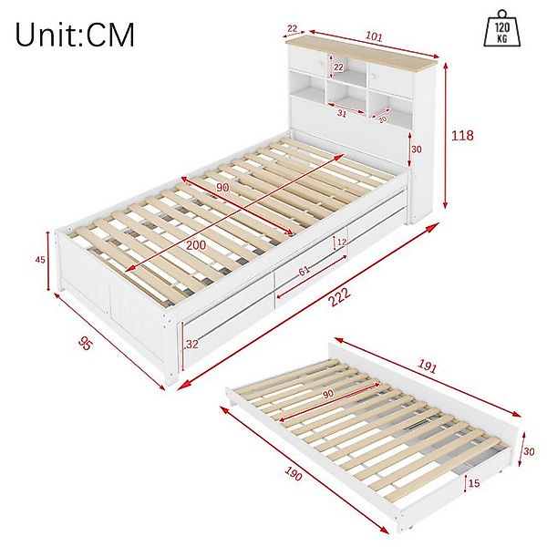 Flieks Massivholzbett, Kinderbett Einzelbett 90x200cm mit 3 Schubladen, Aus günstig online kaufen