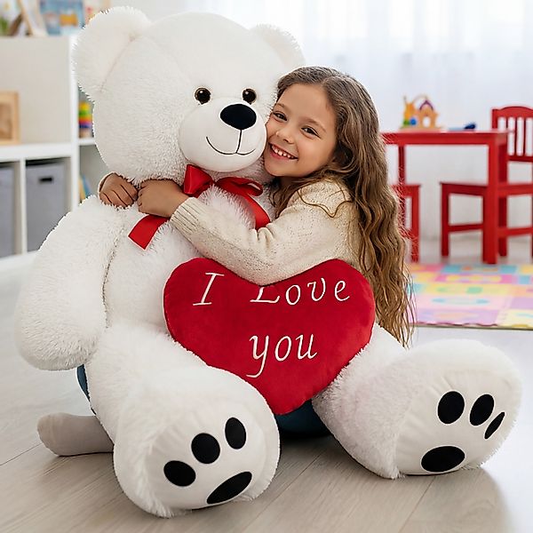 Plüschtier Teddybär XL Weiß inkl Herzkissen günstig online kaufen