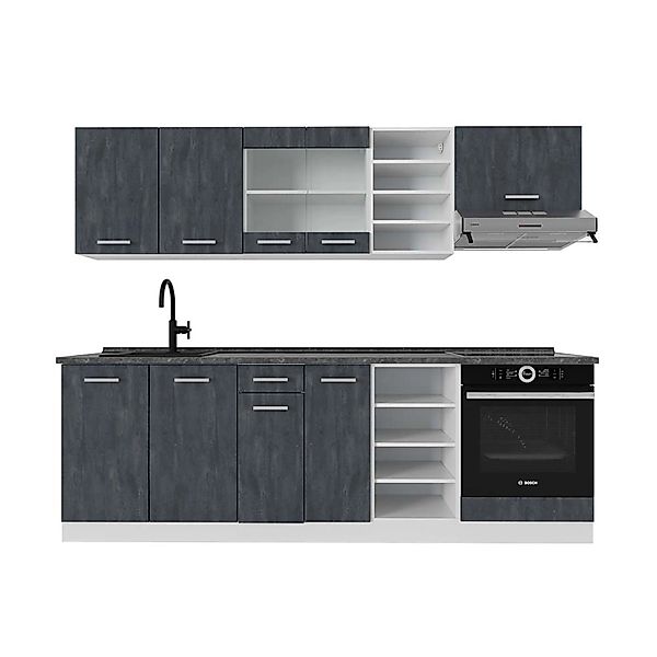 Vicco R-Line Komplettküche Schwarz Beton/Weiß 240 cm AP Anthrazit günstig online kaufen