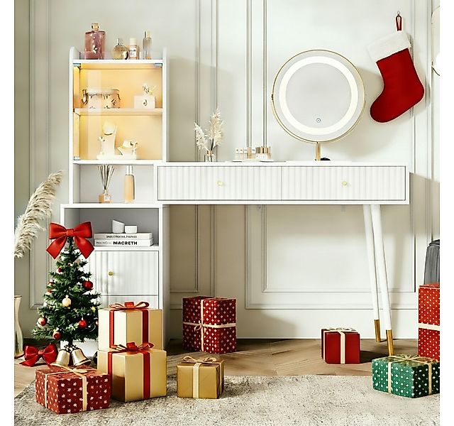 MODFU Schminktisch mit dreifarbigem LED-Spiegel (mit vier Schubladen,1 bele günstig online kaufen