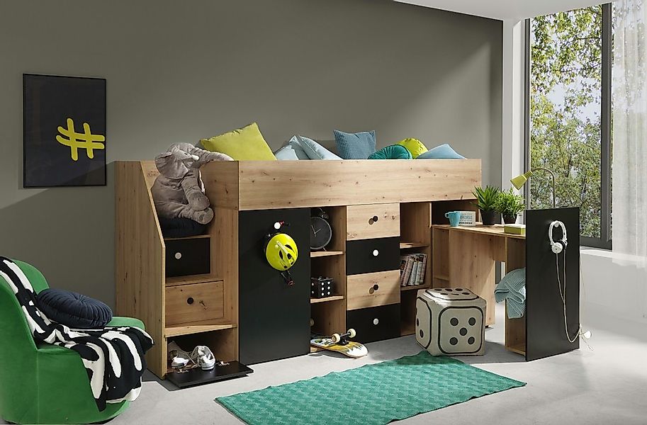 QMM TraumMöbel Hochbett SAM 3 mit Schreibtisch Schrank Regalen & Treppe lin günstig online kaufen