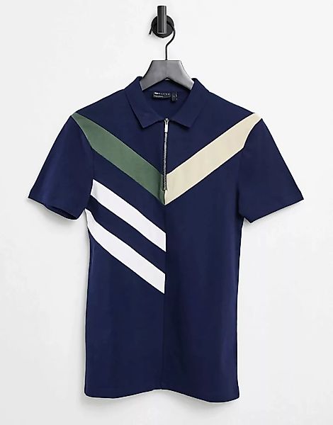 ASOS DESIGN – Muskel-Poloshirt mit Farbblockdesign und Winkelstreifen-Marin günstig online kaufen