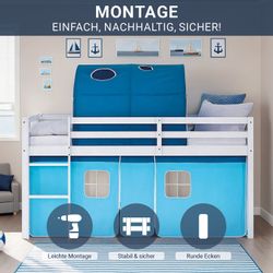 Homestyle4u Kinder Hochbett 90x200 mit Matratze Tunnel Vorhang Blau Kinderb günstig online kaufen