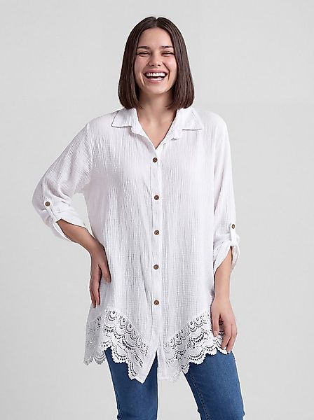 PEKIVESSA Longbluse Oversized Musselin Longbluse mit Häkelspitze am Saum günstig online kaufen