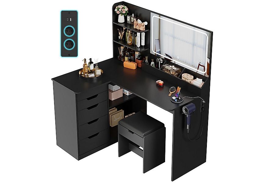 HOMALL Schminktisch Mit Stuhl und dreifarbigem LED-Spiegel, Helligkeit eins günstig online kaufen