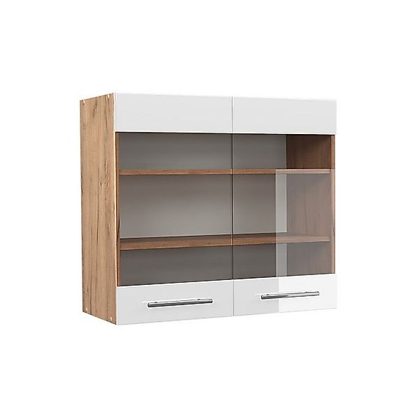 Vicco Küchenglasschrank Fame-Line Weiß Hochglanz/Goldkraft Eiche 80 cm günstig online kaufen