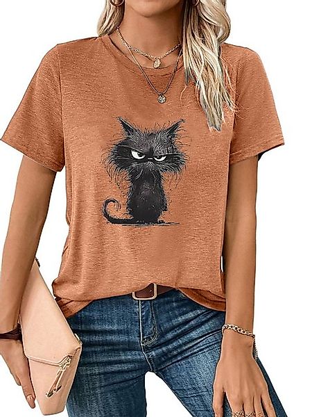 PYL Rundhalsshirt Damen bequemes Sommer Kurzarmbluse Slim Fit Katze Print-S günstig online kaufen