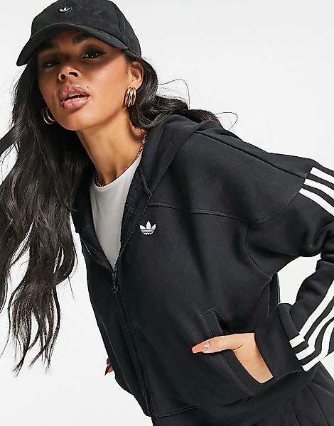adidas Originals – Kurzer Kapuzenpullover in Schwarz mit drei Streifen günstig online kaufen