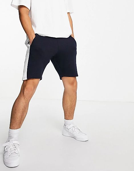 Le Breve – Jersey-Shorts im Bahnendesign in Marineblau günstig online kaufen