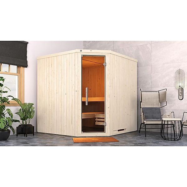 Weka Elementsauna Varberg Trend 3 Weiß Sparset 9 kW Kompakt Glastür günstig online kaufen