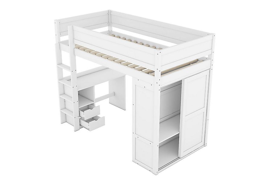 SOFTWEARY Hochbett mit Lattenrost, Schreibtisch und Kleiderschrank (90x200 günstig online kaufen