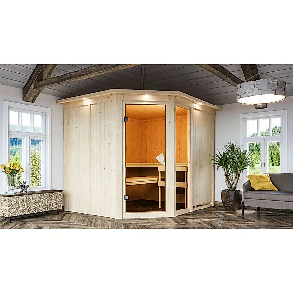 Karibu Sauna Freyja 3 und LED-Dachkranz Natur 202 x 245 x 210 cm günstig online kaufen