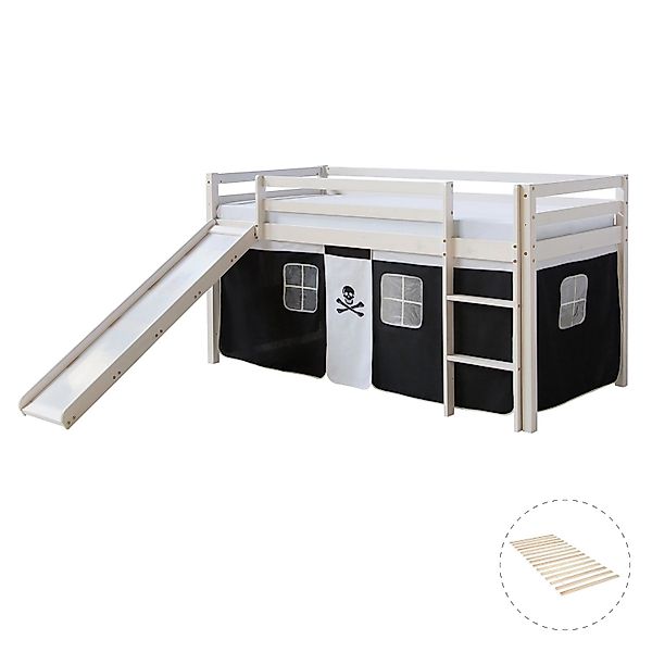 Homestyle4u Hochbett 90x200 mit Vorhang Lattenrost Rutsche in Weiß Pirat 25 günstig online kaufen