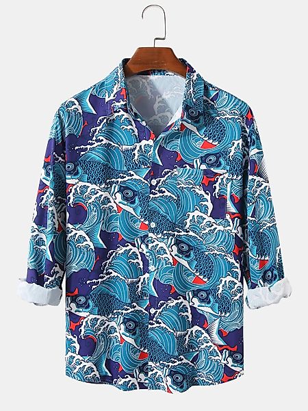 Herren Allover Koi Waves bedruckte leichte Langarmhemden mit Tasche günstig online kaufen