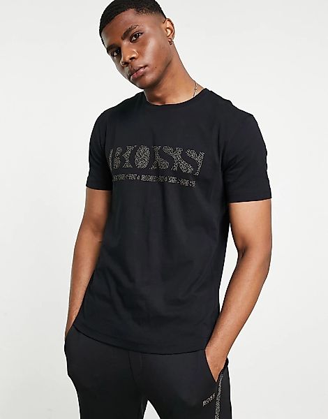 BOSS – Athleisure Tee Pixel 1 – T-Shirt in Schwarz/Gold mit großem Logo günstig online kaufen