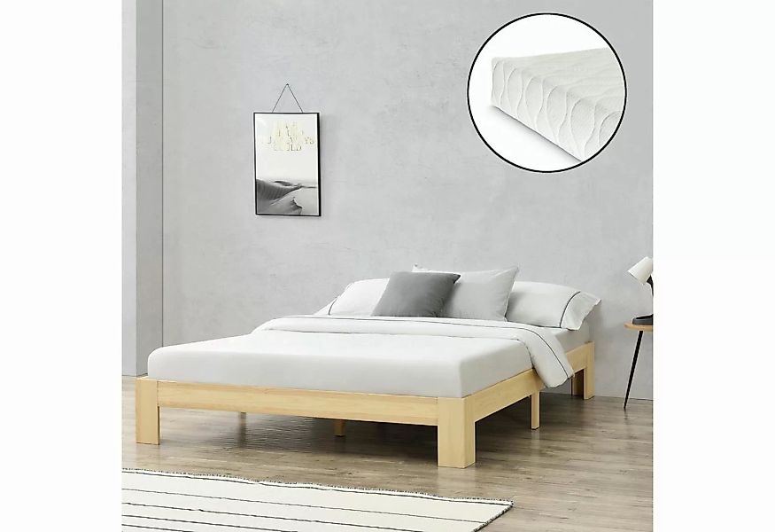 en.casa Holzbett, Raisio Doppelbett mit Matratze 140x200 cm Naturholz günstig online kaufen