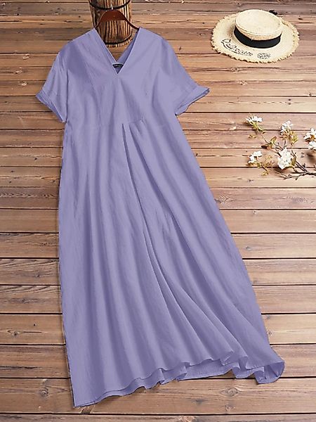 Lässige einfarbige Kurzarm mit V-Ausschnitt Plus Größe Maxi Kleid günstig online kaufen