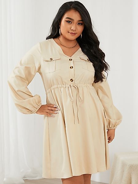 YOINS Plus Größe V-Ausschnitt Kordelzug Knopfdesign Lange Ärmel Mini Kleid günstig online kaufen