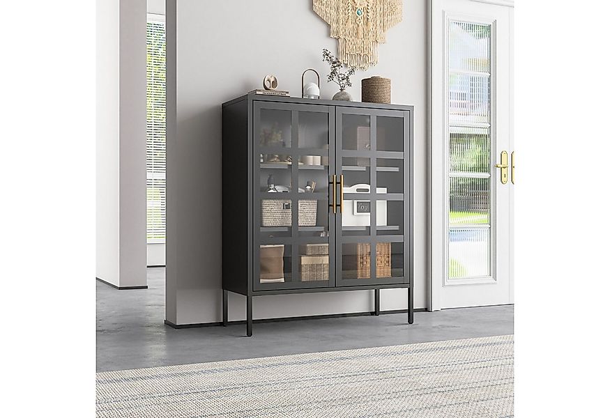 Mein-Regal Highboard GLASGOW, Schwarz Schrank Metall Vitrine Glastüren, Ein günstig online kaufen