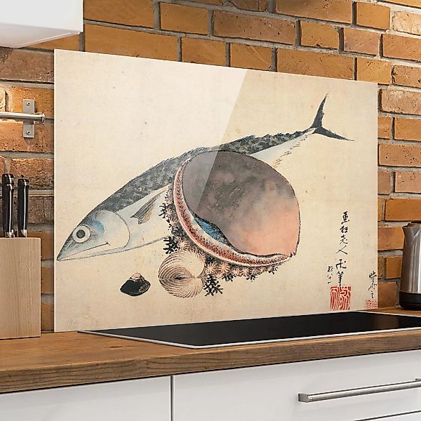 Glas Spritzschutz - Querformat 3:2 Katsushika Hokusai - Makrele und Seemusc günstig online kaufen