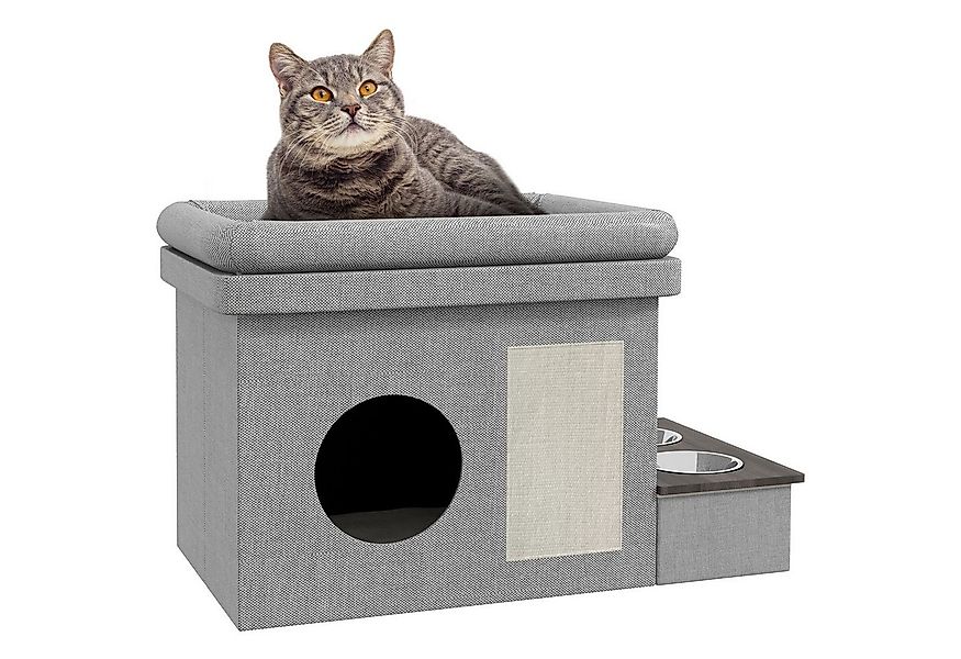 PawHut Tierbett Katzenhaus mit 2 Edelstahlnäpfen, Katzenbett Kissen, Kratzm günstig online kaufen