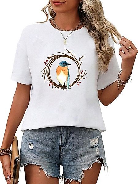 PYL Rundhalsshirt Damen Sommer Kurzarmbluse Locker Vogel Print-Shirt günstig online kaufen