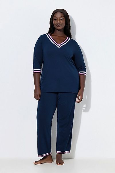 Ulla Popken Pyjama Pyjama Streifendetails V-Ausschnitt 3/4-Arm günstig online kaufen