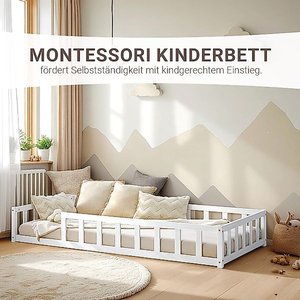 Homestyle4u Kinderbett Weiß mit Rausfallschutz 90x200 cm Bodenbett Lattenro günstig online kaufen
