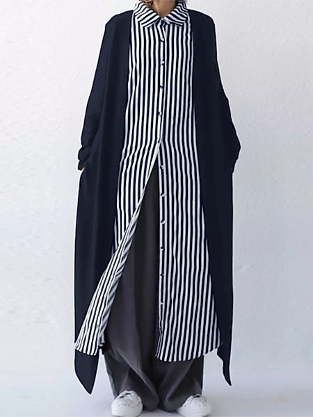Vintage Zweiteiliges Patchwork-Streifen-Langarm-Revers Plus Größe Kleid günstig online kaufen