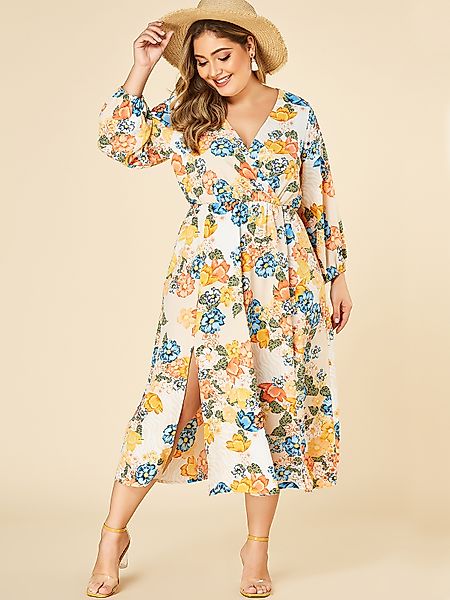 YOINS Plus Größe Gelb Blumendruck Tiefer V-Ausschnitt Kleid günstig online kaufen