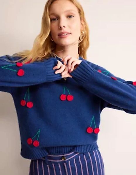 Handbestickter Pullover Damen Boden, Marineblau Pfingstrose, Kirschen günstig online kaufen