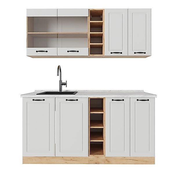 Vicco R-Line Singleküche Weiß Landhaus/Goldkraft Eiche 160 cm AP Marmor günstig online kaufen