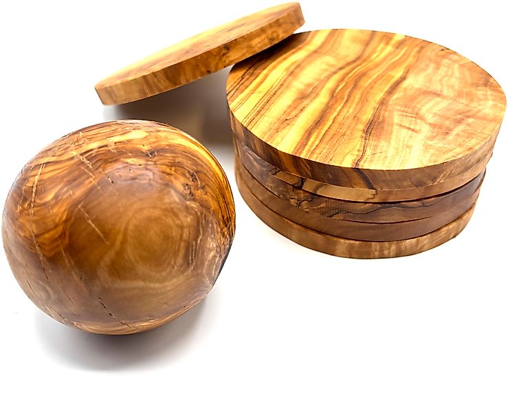 Olivenholz-erleben 6 x Flaschenuntersetzer ø 12 cm + 1 x Kugelverschluss fü günstig online kaufen