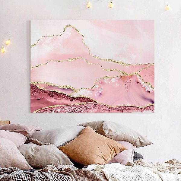 Leinwandbild Abstrakte Berge Rosa mit Goldenen Linien günstig online kaufen
