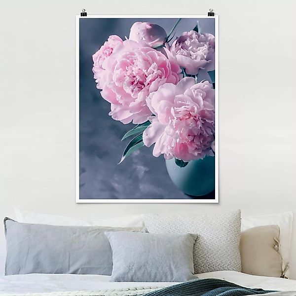 Poster Blumen - Hochformat Vase mit Rosa Pfingstrosen Shabby günstig online kaufen
