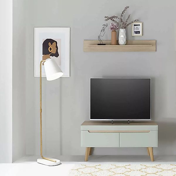 Wohnzimmer TV-Lowboard und Wandboard in Grün Matt mit Eiche STOCKTON-61, 2- günstig online kaufen