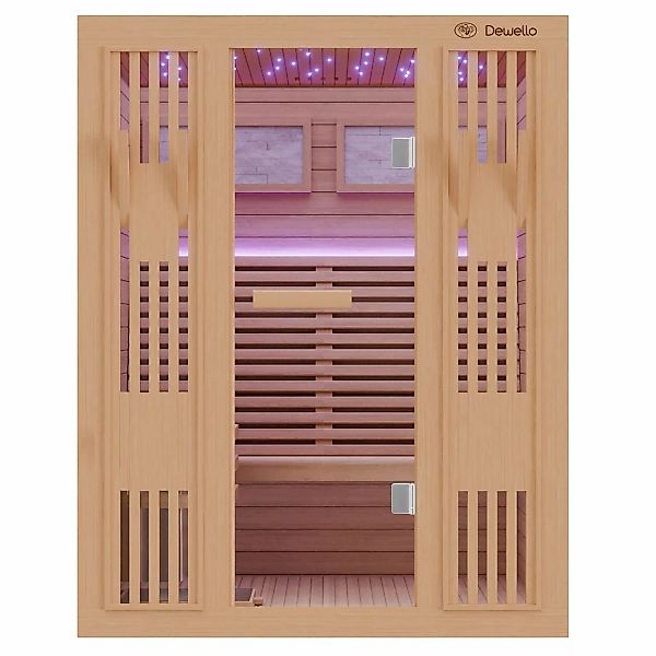 Dewello Finnische Sauna Minto 150x130 Hemlock 4,5 kW Harvia Ofen Sauna Set günstig online kaufen