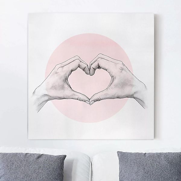 Leinwandbild Portrait - Quadrat Illustration Herz Hände Kreis Rosa Weiß günstig online kaufen